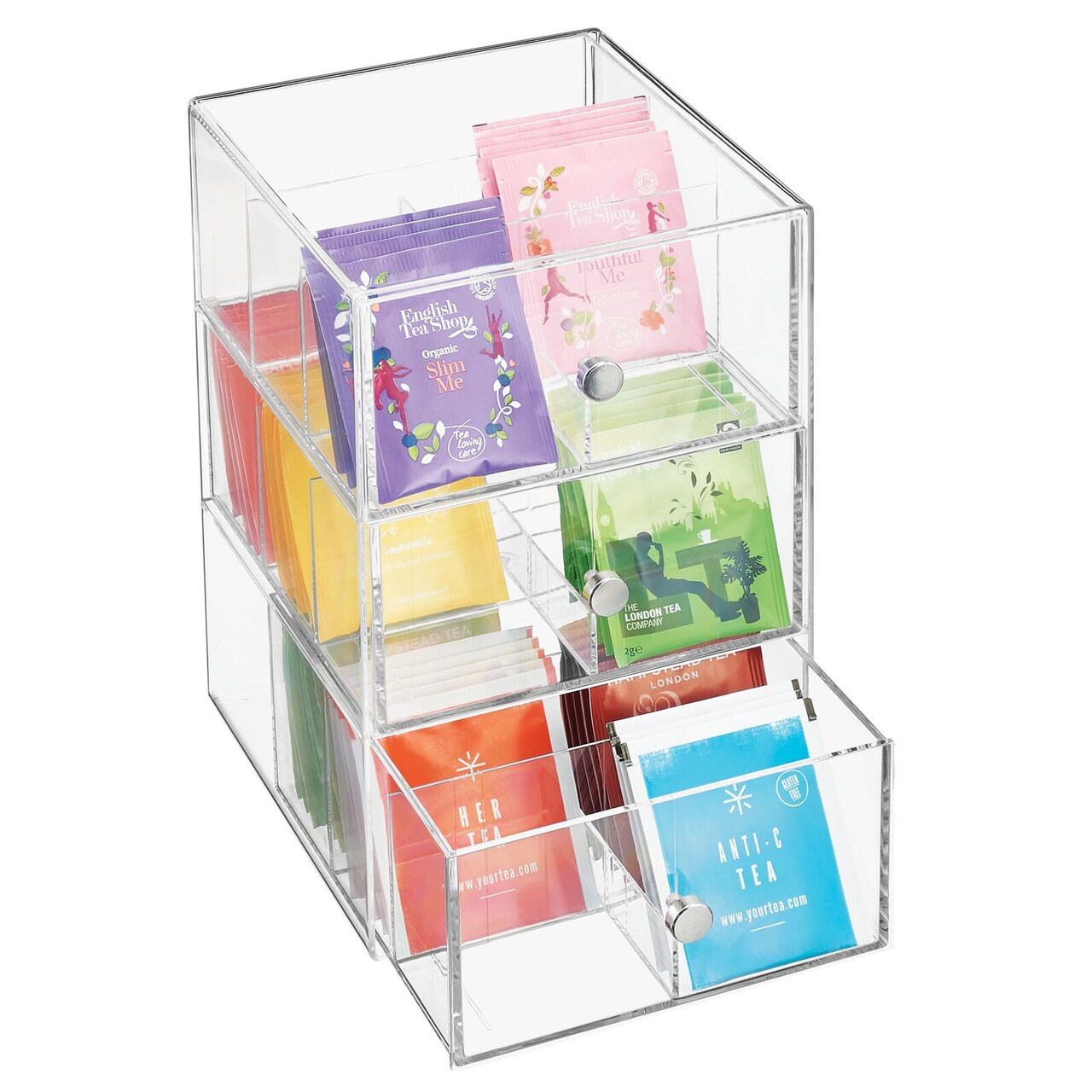 mDesign Plastic Kitchen Storage Tea Organizer, 3 Drawers -18 Sections